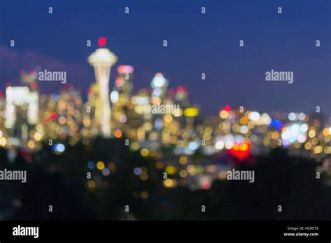 Seattle Washington City Downtown Skyline At Dusk Out Of Focus Blurred