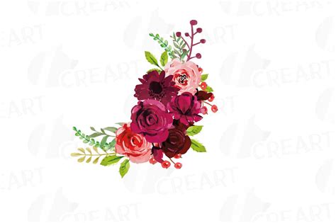 Boho Burgundy Red Watercolor Clip Art Floral Bouquets Bordo Flowers