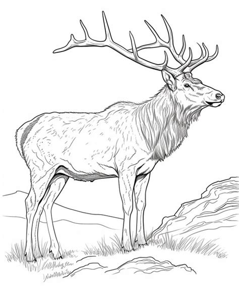 A Detailed Line Drawing Of A Male Elk Standing On A Hillside Premium