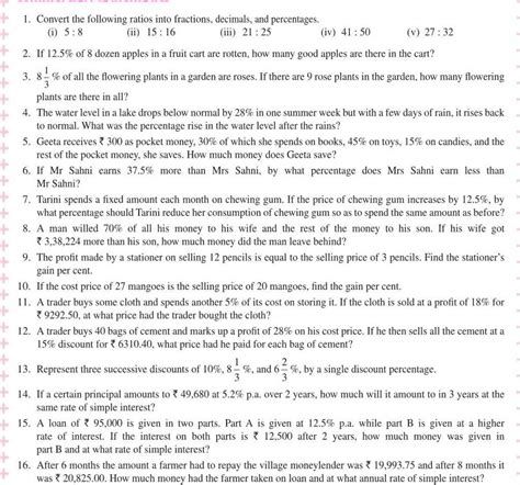 1. Convert the following ratios into fractions, decimals, and percentages..