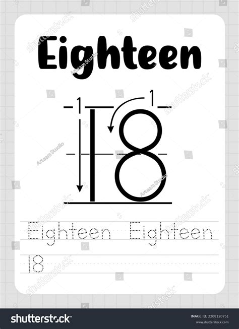 Number Eighteen Tracing Worksheet Kids Learn: Vector có sẵn (miễn phí
