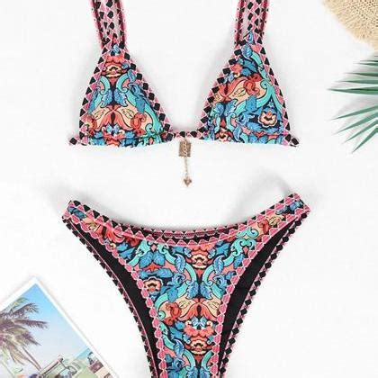 Bohemian Print Triangle Top Bikini Swimwear Set On Luulla