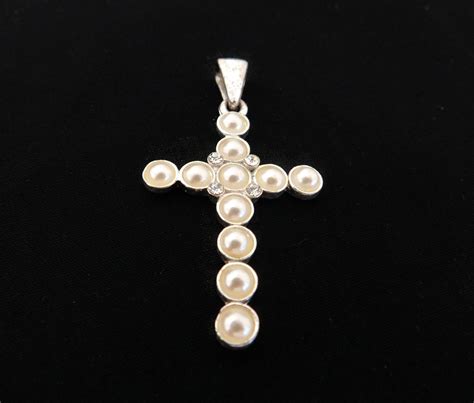 Vintage Pearl And Rhinestone Cross Pendant Sterling Silver Vintage