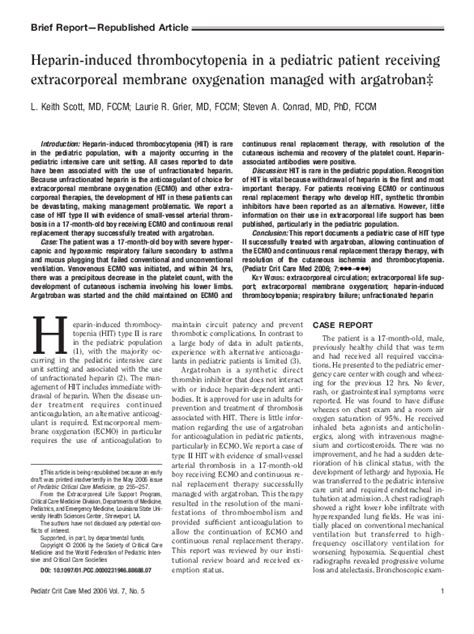 Pdf Heparin Induced Thrombocytopenia In A Pediatric Patient Receiving Extracorporeal Membrane