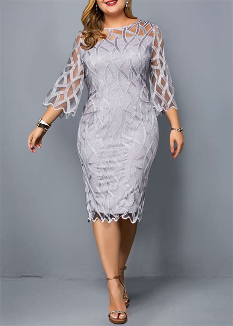 Round Neck Plus Size Light Grey Sheath Dress Plus Size Dress Grey