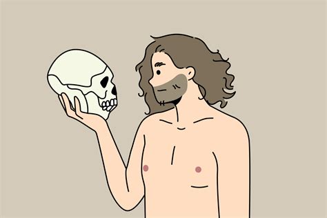 Neanderthal Man Holding In Arms Talking To Ancestor Skull Prehistoric