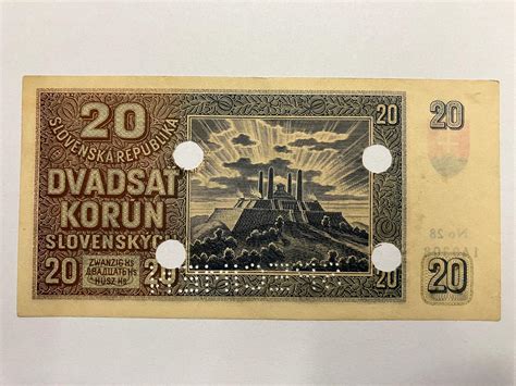 BANKOVKA 20 KORUN SLOVENSKÝCH 1939 SPECIMEN SKARTAČNÍ OTVORY Aukro