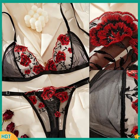 Luckyshop Women Floral Embroidery Lingerie Set Sheer Bra And Panty Underwear Set 2 Pcs