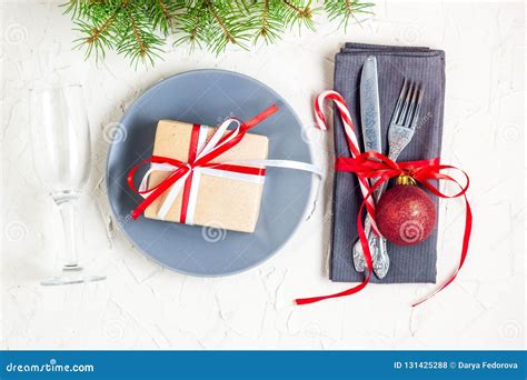 Christmas Table Place Setting With Tree Fir Branches Napkin Fork