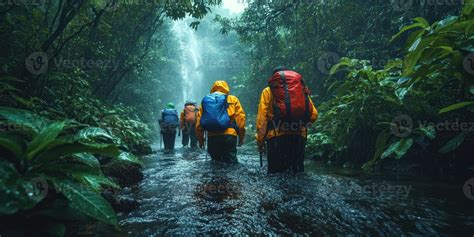 Hikers Traverse a Lush Jungle Stream in the Rain 52396382 Stock Photo