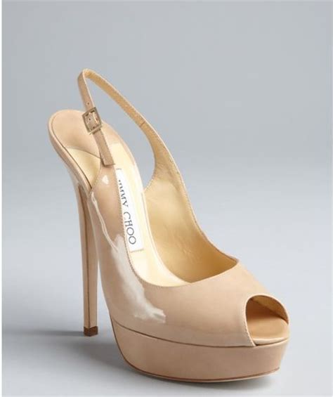Jimmy Choo Nude Patent Leather Vita Peep Toe Platform Slingbacks In
