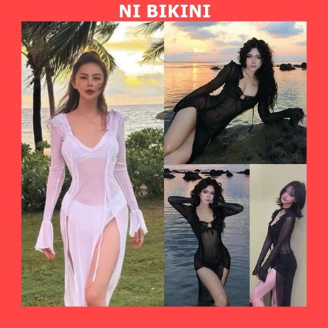 Áo váy choàng lưới bikini tay loe đi biển co giãn chiều V Shopee Việt Nam