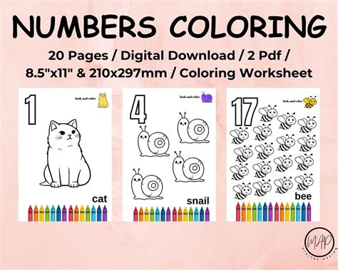 numbers animals coloring pages preschool activity  etsy