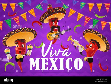 Mexican Chilli Pepper Musician Vector Characters Of Viva Mexico Holiday