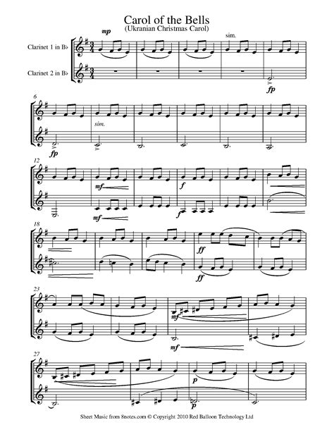 Carol Of The Bells Sheet Music For Clarinet Duet 8notes