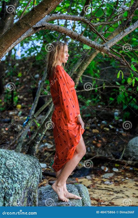 Blonde Woman In Red Wet Dress At Rainig Day Stock Photo Image Of Female Melancholy
