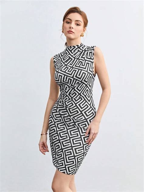 Shein Bizwear Allover Print Mock Neck Ruched Bodycon Dress Workwear