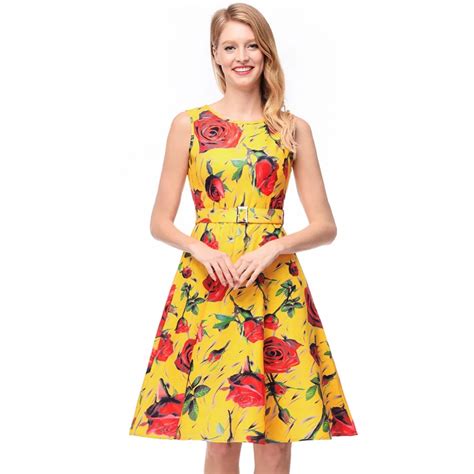 2018 Womens New Hepburn Rose Print Dress Waist Sleeveless Retro A Woll Dresses Online Wholesale