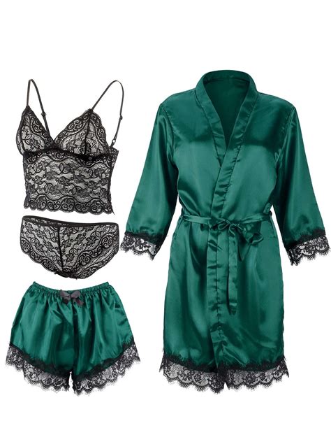 Spencer Women S Satin Pajama Set 4pcs Floral Lace Trim Cami Lingerie Sleepwear Sexy Nightwear