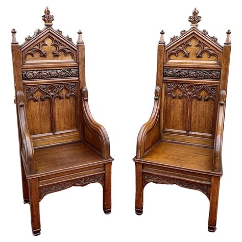 Antique French PAIR Bishops Throne Alter Chairs Gothic Revival Oak