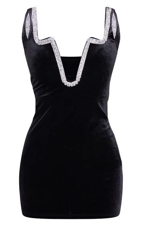 Black Velvet Diamante Trim Bodycon Dress Prettylittlething Aus