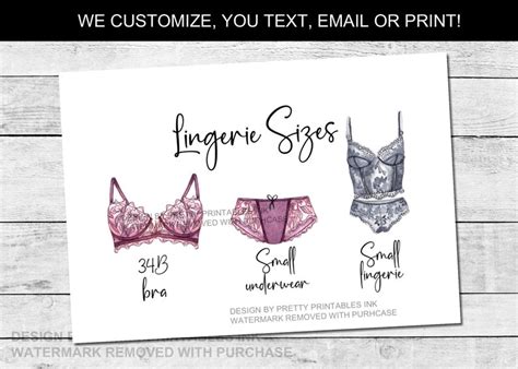 Printable Lingerie Size Card Lingerie Size Insert Etsy