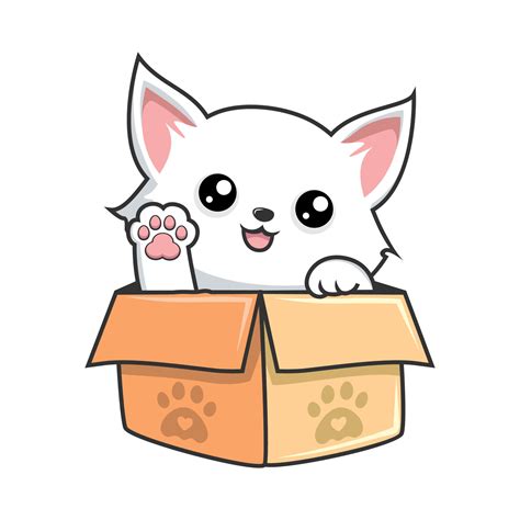 White Cat Hiding In Box Cute White Pussy Cat In Box Waving Paws Hand Illustration