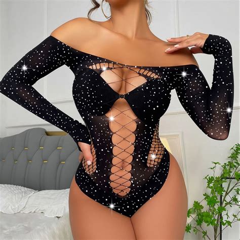 Fashion Multicolor Hollow Out Bodysuits Fishnet Rhinestone Body Stocking Mature Erotic