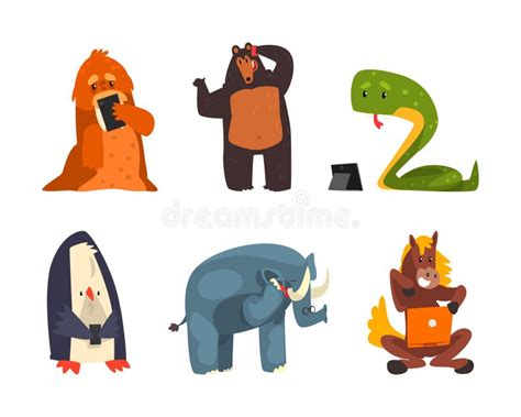 Wild Animals Using Modern Gadgets and Mobile Device Vector Set Stock ...
