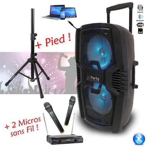 Enceinte Autonome Karaoke Usb Bluetooth W Party Pied Support D