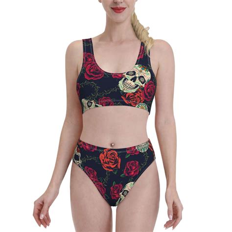 Lukts Women High Waisted Bikini Set Roses Skulls Swimsuit Piece