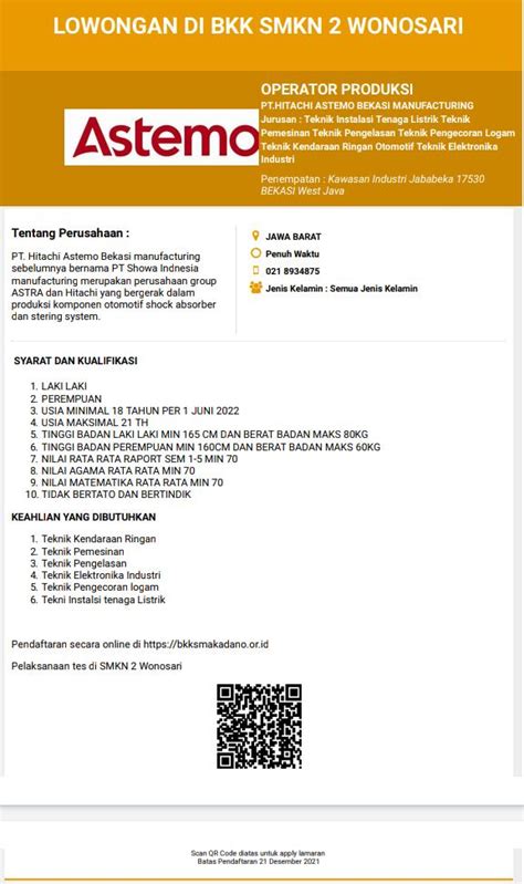 Info Lowongan Pekerjaan Dari Pt Hitachi Astemo Bekasi Manufacturing