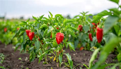 ripe red bell peppers growing lush farm field  sunlight stock