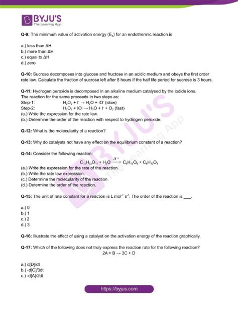 Class Chemistry Worksheet On Chapter Chemical Kinetics Set