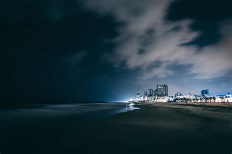 wallpaper night city, beach, night, sky, overcast, clouds HD ...