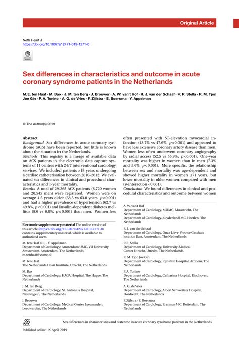 Pdf Sex Differences In Characteristics And Outcome In Acute Coronary Syndrome Patients In The