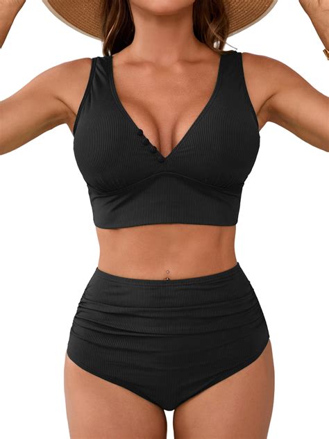 Charmo High Waisted V Neck Bikini Sets For Womens Tummy Control Two Piece Bathing Suit Walmart