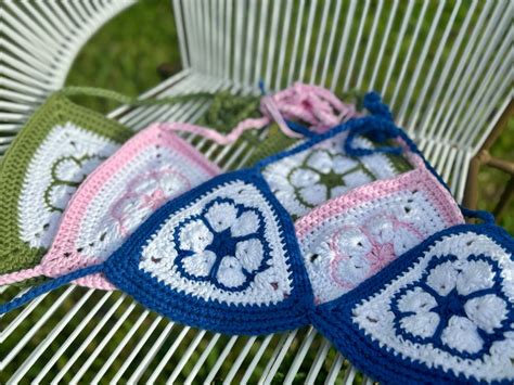 The African Flower Floral Crochet Bikini Top Handmade Swimwear Halter Style Top Triangle Bikini