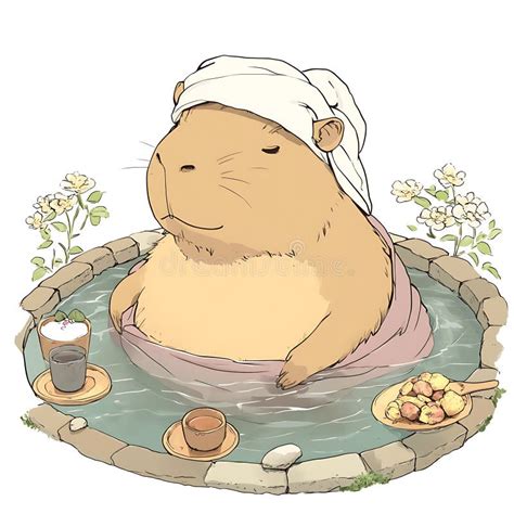 Capybara Relaxing In A Hot Spring With A Cup Of Tea And Snacks Stock Illustration Illustration