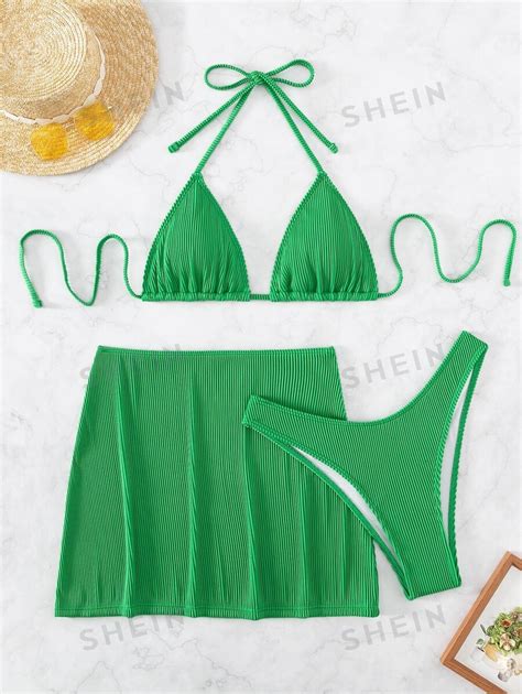 SHEIN Swim Basics Sọc Bộ Bikini Dây Tam giác Bras Cao eo Đáy Váy đi biển 3 mảnh Bộ đồ tắm