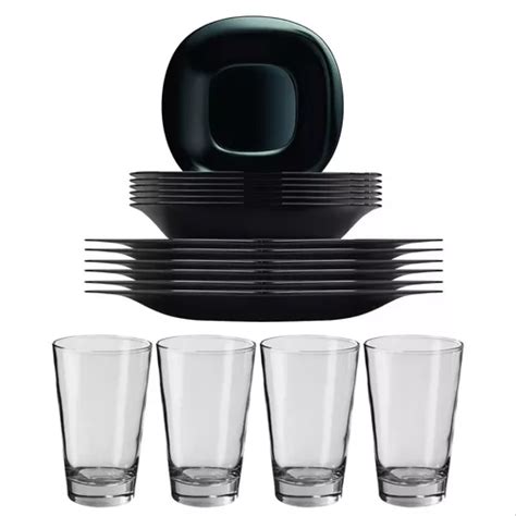 Juego Vajilla Platos Vasos 16pz Luminarc Carine Blanco Negro