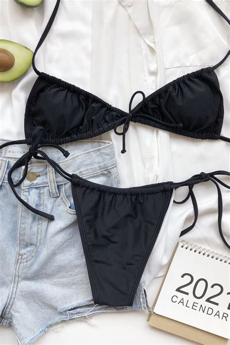 Black Gathered Edge Tie Front Triangle Bikini Top ShopperBoard