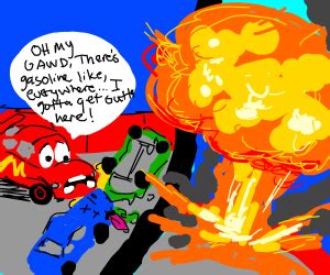 car driving away from an explosion - Drawception