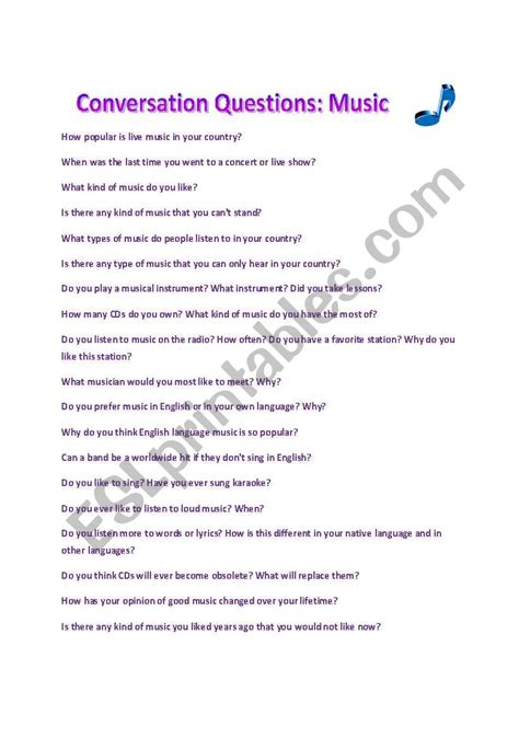 Conversation Questions Music Esl Worksheet By Rubializ