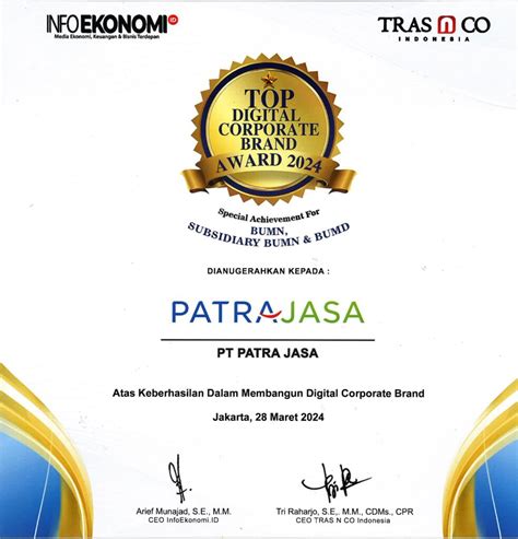 Patra Jasa Raih Penghargaan Top Digital Corporate Brand Award