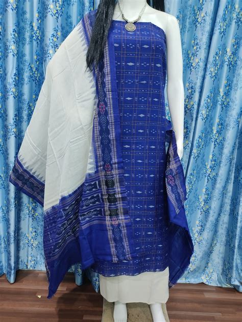 Blue And White Sambalpuri Cotton Dress Material With Matching Dupatta