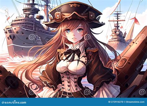 Anime Girl Pirate on the Background of the Ship. Generative AI ...