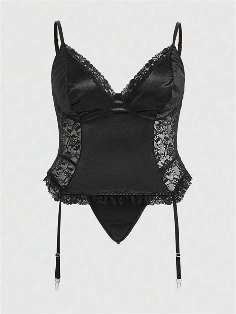 ROMWE Goth Plus Size Sexy Lingerie Set With Dark Thong Panties Lace