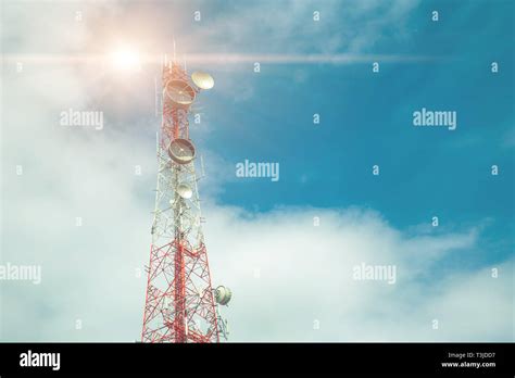Communication Tower Or Cell Signal Tower With Blue Sky Stock Photo Alamy