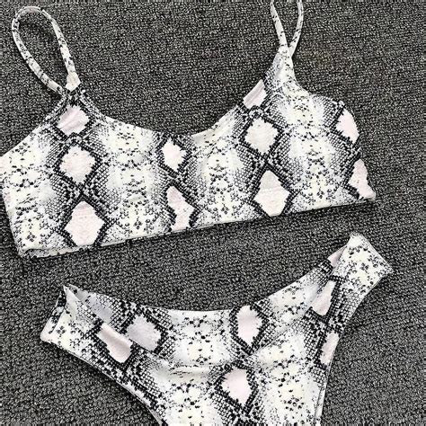 Women Sexy Two Piece Bikini Set Boho Leopard Snakeskin Printing Swimsuit Strappy Push Up Padded